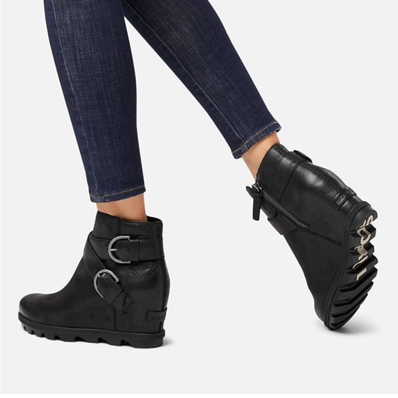 Sorel Shoes - SOREL Joan of Arctic Wedge Buckle Bootie Moto Black Leather Zipper Waterproof 8